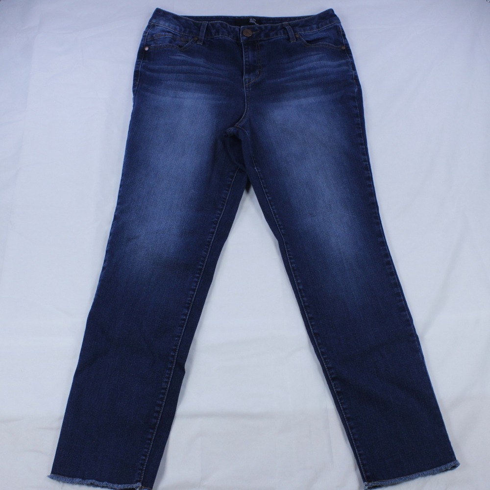 1822 Denim Women's Skinny Jeans - Medium Blue Wash with Frayed Hem - Size 12